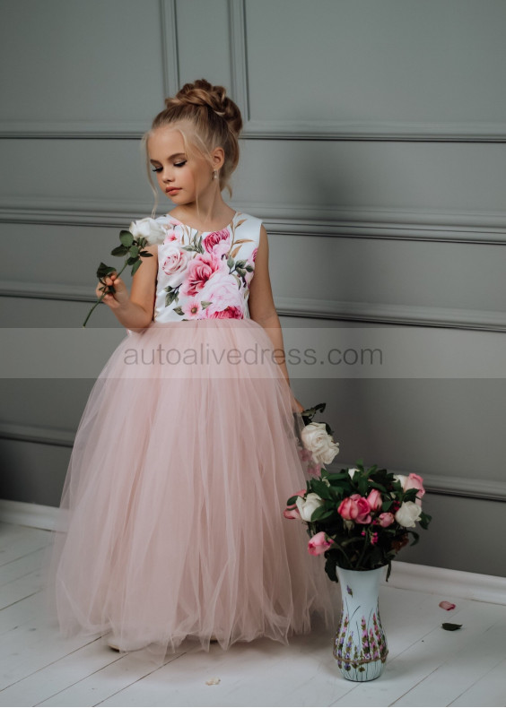 Floral Printed Satin Tulle V Back Flower Girl Dress